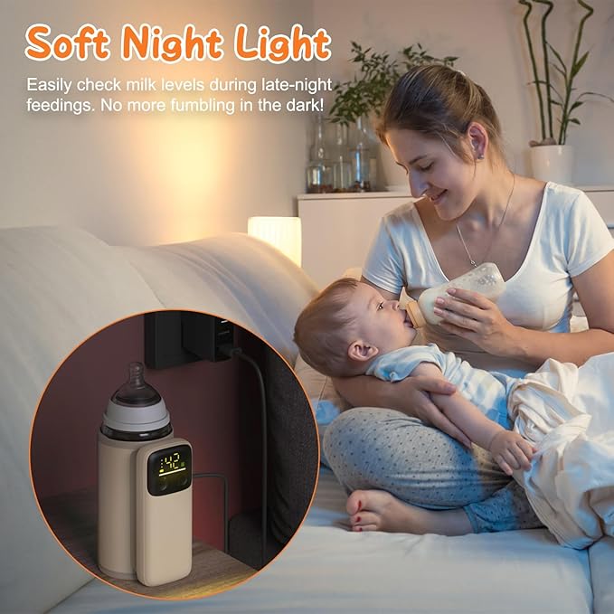 Portable Baby Bottle Warmer - 6-Temp Fast Heating Travel Warmer with Night Light | Universal Fit for Most Bottles | Rechargeable & Leak-Proof | Perfect for Car, Diaper Bag & Overnight Use