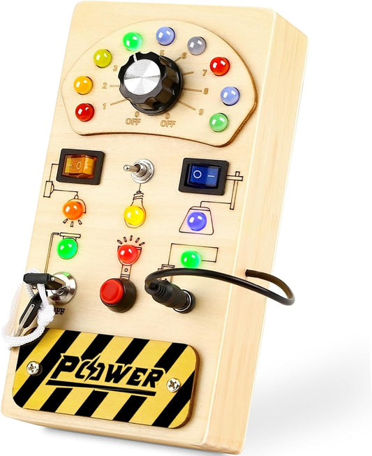 Joyreal Toddler Busy Board, Wooden Montessori Busy Board Sensory Board with LED Light Switch, Sensory Toys Baby Fidget Board Travel Toys for Toddler