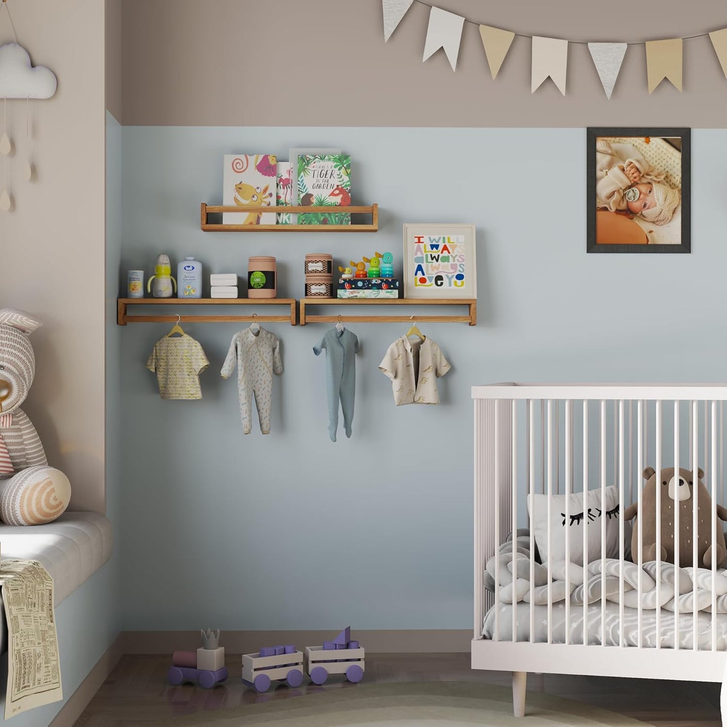 Heimlove 24 Inch Nursery Floating Shelves, Nursery Book Shelves for Wall, Wall Bookshelf for Kids Solid Wood Wall Mounted Shelves for Books,Toys and Decor Storage, Set of 2