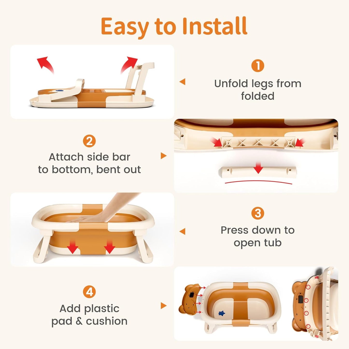 Collapsible Baby Bathtub with Soft Towel and Floating Cushion, Infant Bathtub for Newborn to Toddler (0-18 Month), Portable Baby Bath Tub for Travel (Brown Bear)