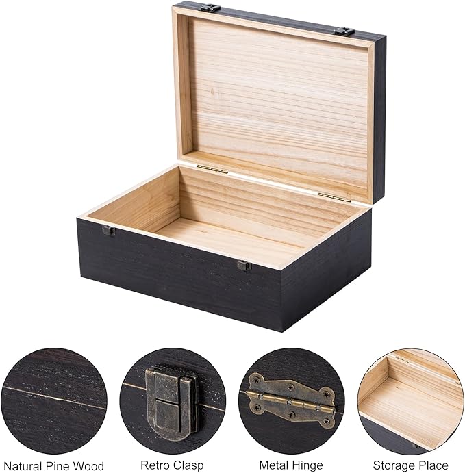 Black Wooden Storage Box with Hinged Lid and Front Clasp, 12.2''x8.6''x4.7'' Large Wooden Box, Wood Gift Boxes for Crafts Art Hobbies and Valentine's Day Decoration