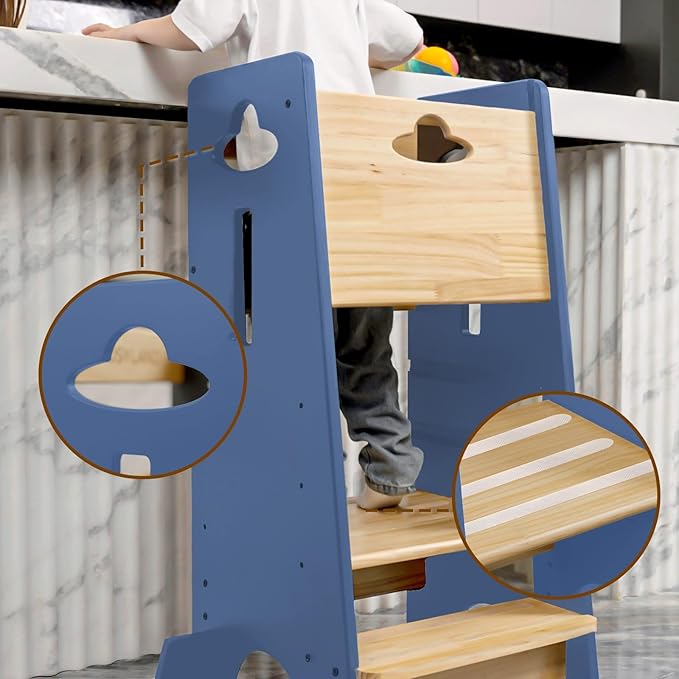 COSYLAND Toddler Standing Tower Adjustable Height - Super Stable Kids Kitchen Stool Helper - 3 Levels Adjustable Wooden Toddler Kitchen Stool (Natural & Navy Blue)
