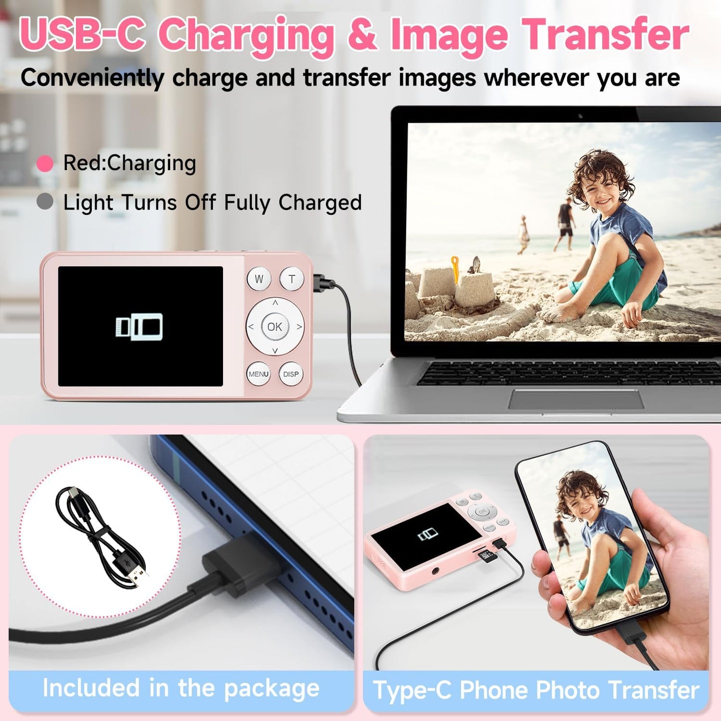 Digital Camera, Autofocus 4K 64MP Point and Shoot Digital Cameras for Teens with 64GB Card, 18X Zoom Anti-Shake Compact Video Camera for Student Kids Boys Girls Beginner - Pink