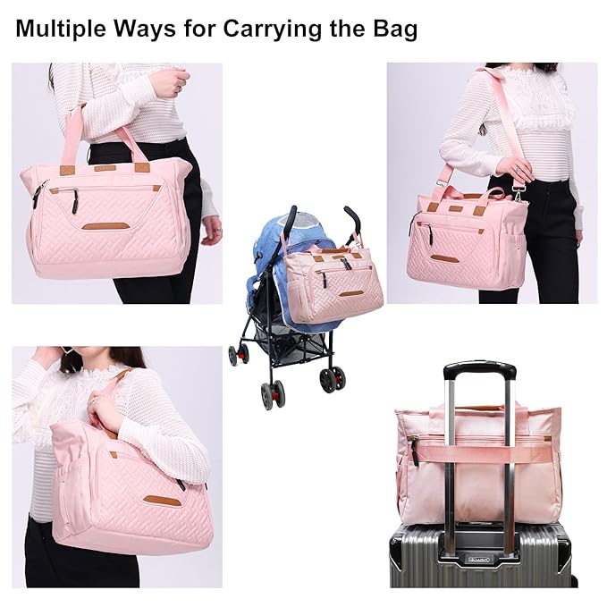 Diaper Tote Bag for Women, Baby Bags with 15.6 Inch Laptop Compartment, Travel Diaper Bag with Insulated Pocket Ideal for Baby Registry (Pink)