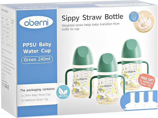 PPSU No Spill Sippy cups,Weighted Straw Toddler Water Bottle with Handle,Spill Proof Toddler Cup with Leakproof Spout for Baby 6-12 Months and Toddlers 1-3 (8 Ounce, Green, 3 Pack)