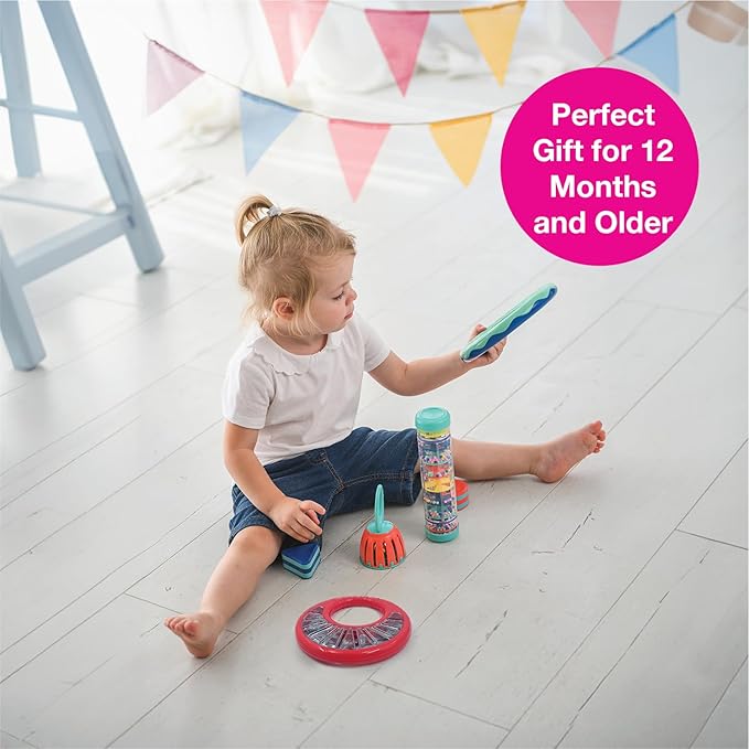 Edushape Classic Tambourine for Kids, Red - Percussion Musical Instrument Baby Tambourine for Toddlers 1-3, Kids Tambourine Fun Tummy Time, Fine Motor, Auditory and Visual Sensory Development