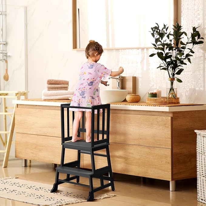 COSYLAND Kids Kitchen Step Stool Helper - Wooden Standing Tower for Kids with Anti-Tip Support Legs - Mothers' Helper Kids Learning Stool for Kitchen Counter (Black)