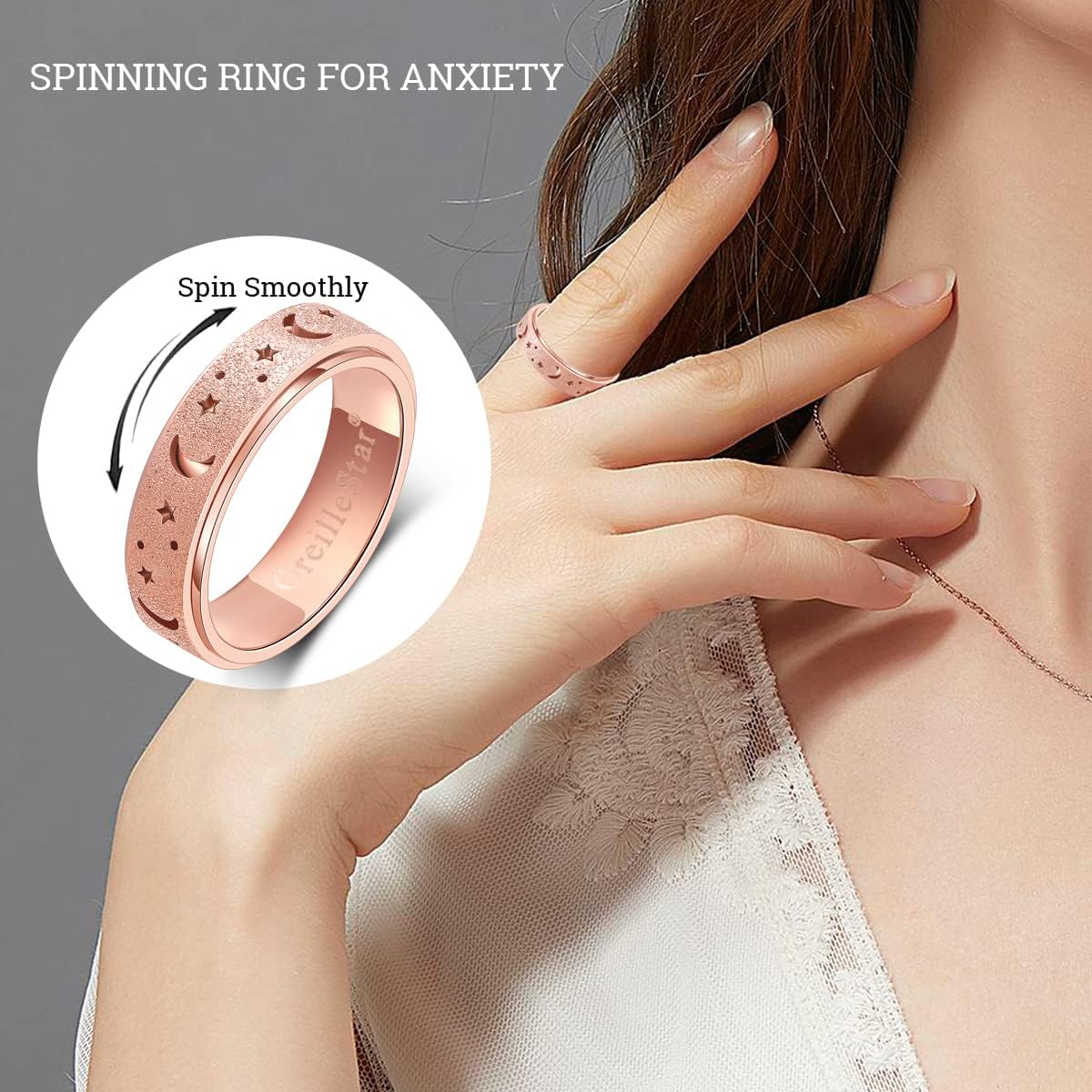OreilleStar Anxiety Ring for Women Spinner Ring: Fidget Toys Adults Fidget Ring Titanium Stainless Steel Thumb Rings for Women Men Moon Star Rose Gold