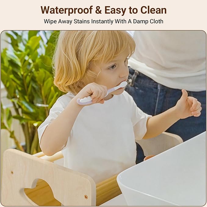 COSYLAND Height Adjustable Toddler Standing Tower - Super Stable Toddler Kitchen Stool Helper with Wooden Barrier - No Falling or Tipping Over (Natural)