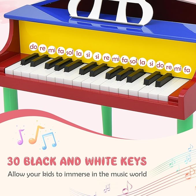 Goplus 30-Key Classical Kids Piano, Mini Grand Piano Wooden Learn-to-Play Musical Instrument Toy with Bench, Piano Lid, Music Rack, Gift for Boys Girls Aged 3+ Baby Toddler (4 Straight Leg-Colorful)
