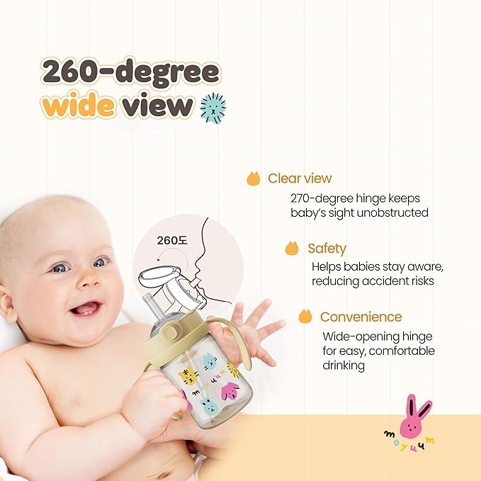 MOYUUM Leak Proof Sippy Cup with Handle | Made in Korea, 100% BPA Free PPSU, Magic No Spill Straw Cup with Attached Flip Top Lid, Easy to Hold for Babies and Toddlers, 9oz Yellow