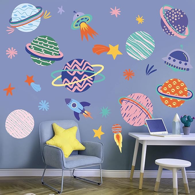 Large Space Wall Decal Stickers Rocket Spaceship Planets Wall Decals Planet Stars Wall Sticker Removable Vinyl Decals Solar System Galaxy Star Space Wall Decor for Nursery Kids Room Girls Boys Bedroom Wall Decor (Multicolor)