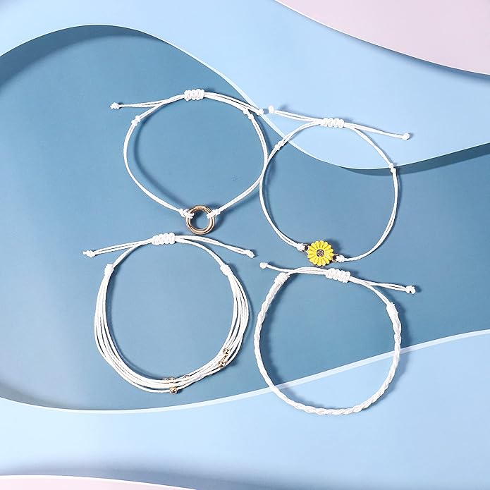 FANCY SHINY Sunflower String Bracelet Boho Braided Rope Wrap Bracelets Cute Summer Beach Surfer Jewelry for Women Christmas Gifts