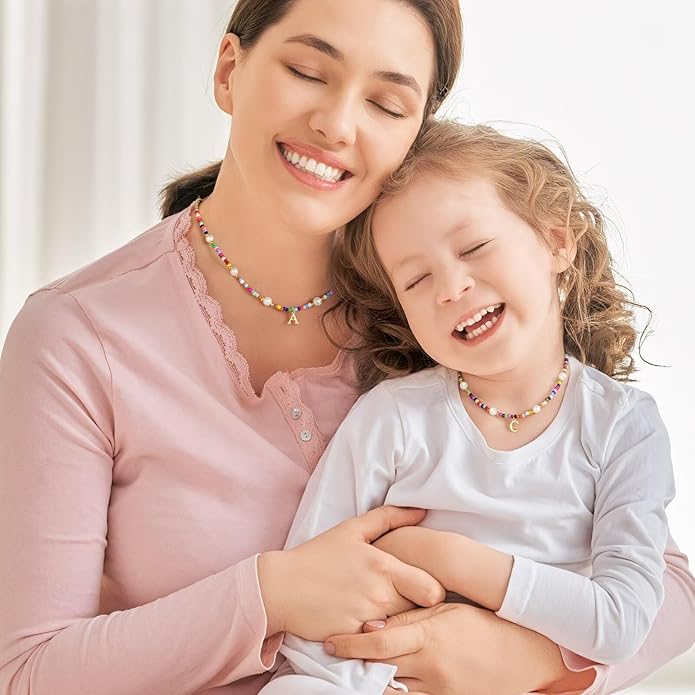 M MOOHAM Colorful Initial Necklaces for Girls - Beaded Pearl Choker Necklace for Women Teen Girl Colorful Summer Boho Necklace Jewelry, Trendy Personalized Letter Initial Gifts Birthday Gifts Kids