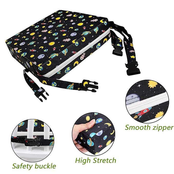 Taeku Booster Seat for Dining Table, Portable Kids Toddler Booster Chair Increasing Cushion Cartoon Seat Pad with 2 Safety Buckles for Kitchen Restaurant (Planet Black)