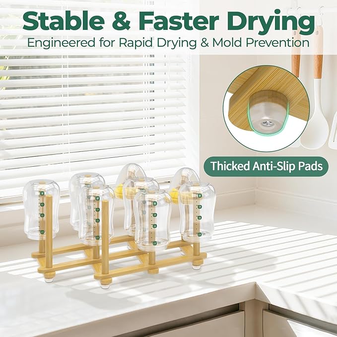 EsLuker.ly Baby Bottle Drying Rack Bamboo Vertical Dryer Holder, Foldable Space Saving for 10 Milk Glass Bottle Countertop, Wooden Drain Stand Shelf for New Parents