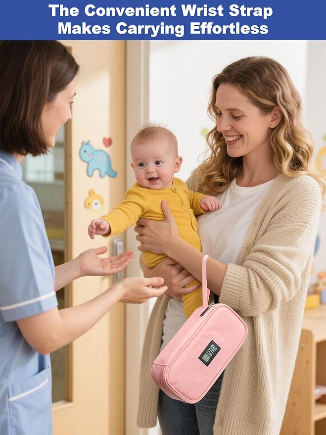 YOUSHARES Breastmilk Cooler Travel Bag with Digital Thermometer, Small Insulated Baby Milk Storage with 2 Ice Packs, Daycare and On-The-Go Moms （Pink）