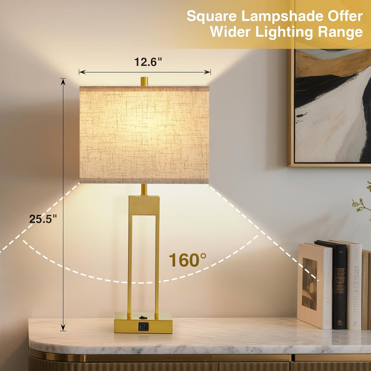 25.5" Nightstand Table Lamps for Bedrooms Set of 2, Bedside Lamp with USB C+A, 3 Colors Changeable Living Room Lamp, Modern Night Stand Lamps for Bed Side Guest Room Reading, Gold