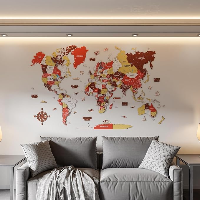 Colorfull Worlds 3D Wooden World Map Wall Art - Premium Multicolored World Travel Map for Wall Decor with Push Pins- Ideal Housewarming Gift & Travel Tracker (Medium, Terracota)