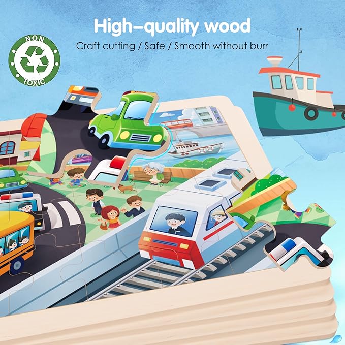Jigsaw Puzzles Wooden Puzzles for Kids Ages 3-5 Preschool Educational Toddlers Toys Construction Vehicle Puzzle Fire Truck Urban Transportation Sanitation Truck Gifts for 3 4 5 6 Year Old Boys Girls