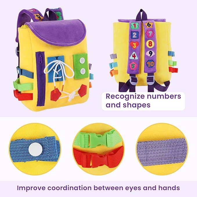 Busy Board - Toddler Backpack with Buckles and Learning Activity Toys - Develop Fine Motor Skills and Basic Life Skills - Learn to Tie Shoes - Children's Travel Toy (Yellow)