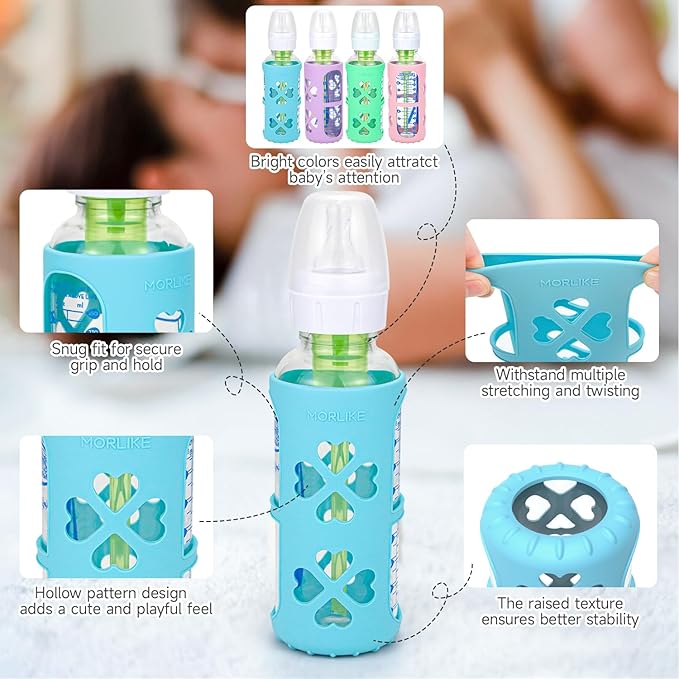 MORLIKE 4 Pack Silicone Sleeves Fit for 8 oz/250 mL Dr. Brown's Natural Narrow Glass Baby Bottle, 100% Silicone Covers Protect Glass Bottle, Easy to Grip Baby Bottle Holders for SB81003-P4, SB82023-P2