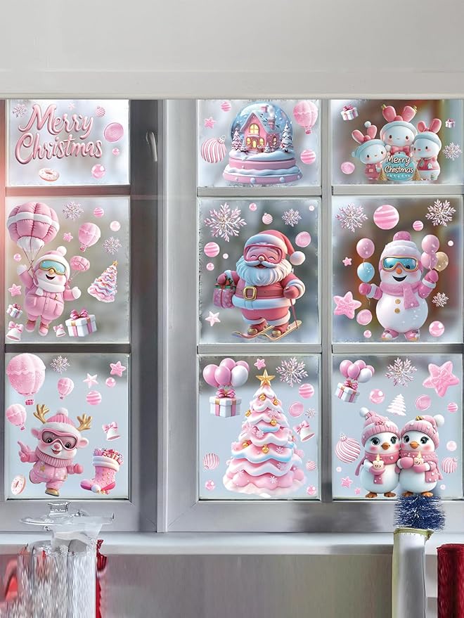 9 Sheet Christmas Pink Window Decorations - Merry Christmas Window Clings for Glass Windows, Santa Claus Snowflake Christma Windows Stickers Decals for Indoor Home Xmas Holiday Winter Party Decor