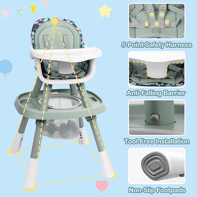 Xilingol 15-in-1 Convertible High Chair, 2-in-1 Baby Highchair & Activity Center W/Toys, Booster Seat | Building Block Table | Toddler Chair W/Removable Tray & 5-Point Harness & 2-Layer Cushion(Green)