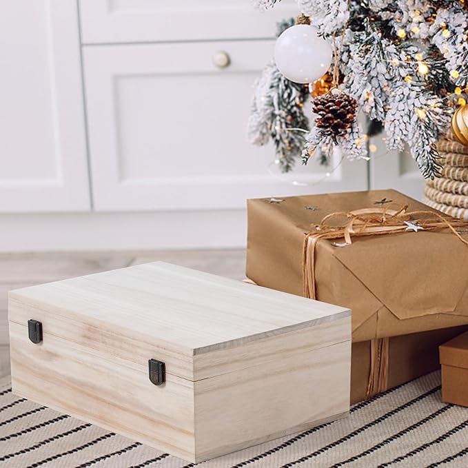 Wooden Storage Box Container with Hinged Lid and Front Clasp, 12.2''x8.6''x4.7'' Large Wooden Box, Wood Boxes Wood Gift Boxes for Crafts Art Hobbies and Valentine's Day Decoration