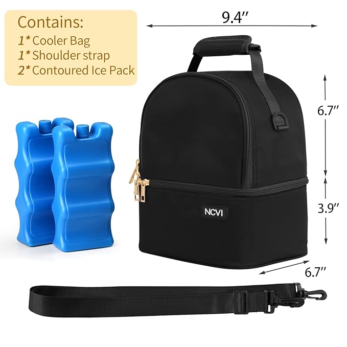 NCVI Breastmilk Cooler Bag with 2 Ice Pack, Breast Pump Bag with Cooler Fits 6 Bottles, Double Layer Breast Milk Baby Bottle Cooler Bag, for Travel, Nursing Mom Daycare, Work, Picnic (Black)