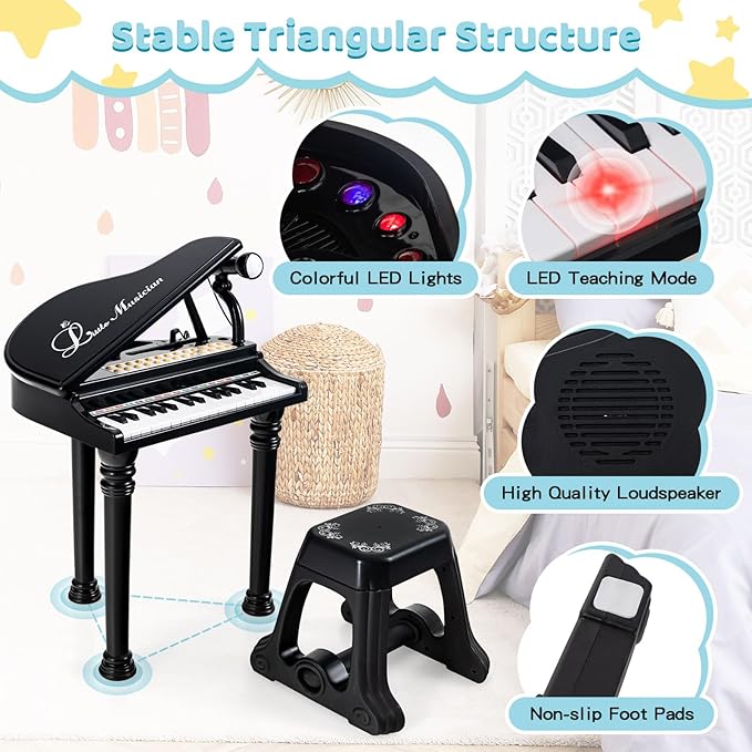 Costzon Kids Piano, 31 Key Mini Grand Piano Toy Keyboard with Microphone, Stool & Lights, Portable Electronic Piano Educational Musical Instrument Toy, Birthday Gift for Toddler Boys Girls (Black)