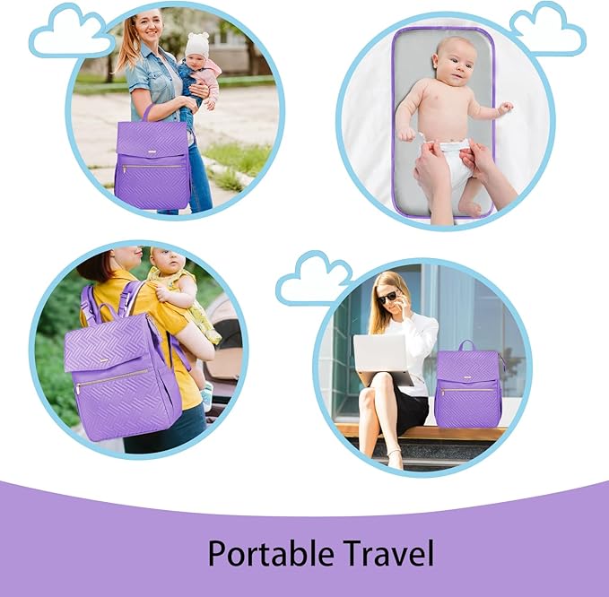 LANDICI Diaper Bag Backpack, Multifunction Waterproof Baby Diaper Bags with Changing Pad, Stroller Straps, Travel Essentials Stylish Back Pack for Mom Dad Boy Girls Toddler, Lavender