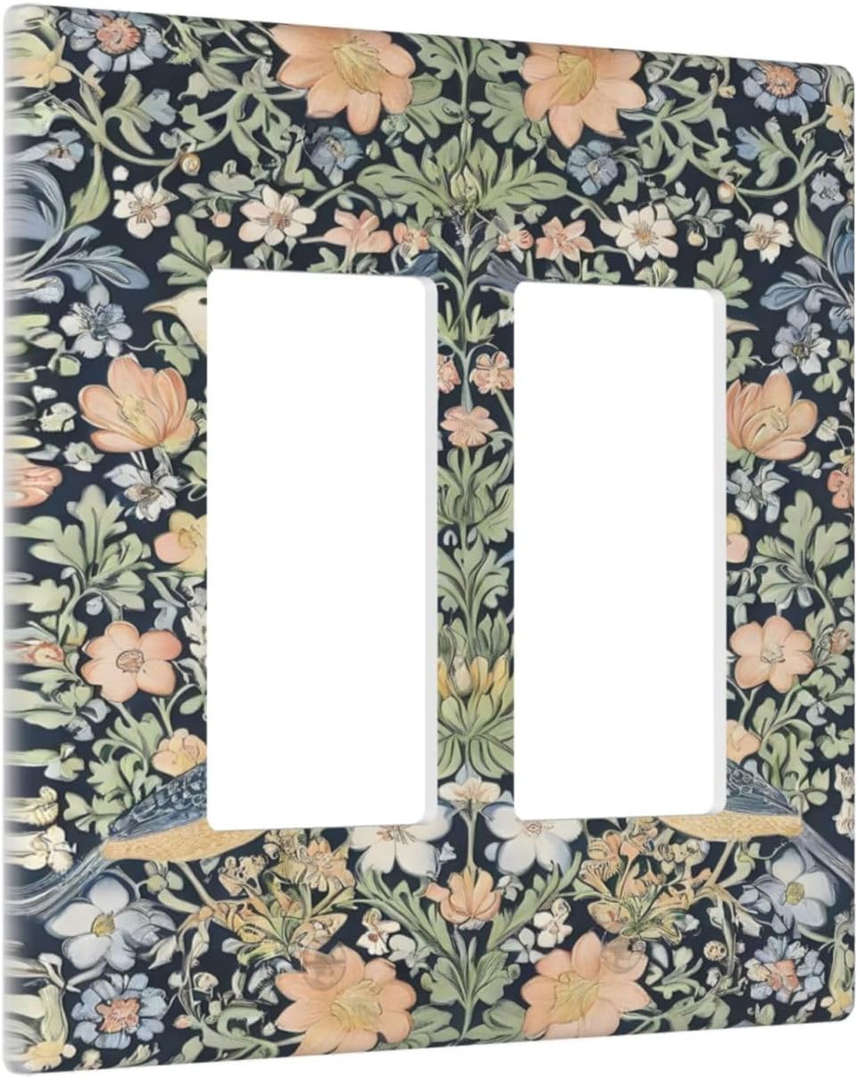 Decorative Outlet Covers Rustic Morris Birds Green Leaf Flower 2 Gang Wall Plate Double Rocker Two Switch Wall Cover Plate Light Switch Cover Plate Faceplate for Country Bedroom Decor