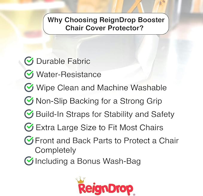 ReignDrop Booster Seat Cover Protector – Water-Proof High Chair Seat Protector Pad – Large Dining Room Chair Seat Protector – Includes Wash Bag – Easy to Maintain – Anti-Slip Backing