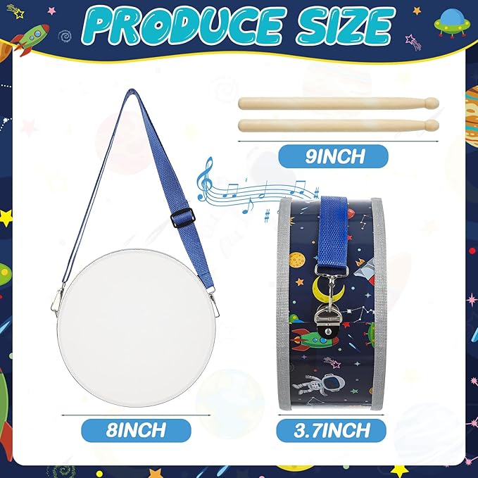 Boao 1 PC Kids Drum Set, 8 Inch Toddler Drum Wooden Toy with Adjustable Strap and 2 Drumsticks, Educational Sensory Musical Instrument for Toddlers Kid Baby Boys Girls Gift(Space)