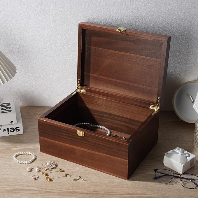 Large Wooden Storage Box - Wood Box with Lid for Home Decor, Ideal for Keepsakes, Trinkets, Jewelry & Photo, 12.5x9.4x6.1 IN, Wood Keepsake Memory Gift Boxes, Rustic Design-WB004- X Large