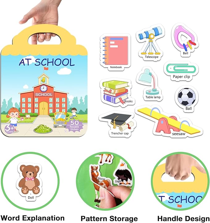 JOFREY at School Reusable Sticker Book,Jelly Sticker for Kids,50pcs Stickers ，Quiet Busy Book Preschool Learning Activities for Toddlers Ages 3-6