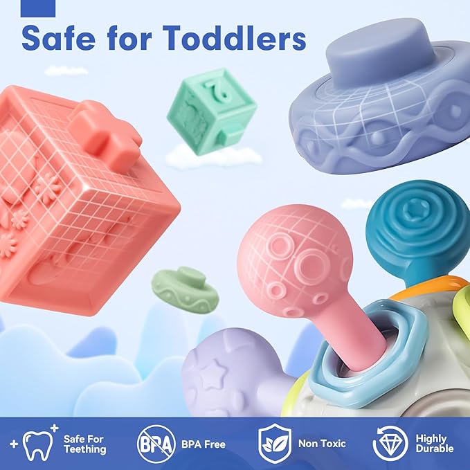 SpringFlower 3 in 1 Montessori Toys for Babies 0-3-6-12 Months, Rattle Teether & Baby Blocks & Soft Stacking Rings, Sensory Developmental Education Toys,Gift for Toddler Baby 0-3-6-12-18 Months