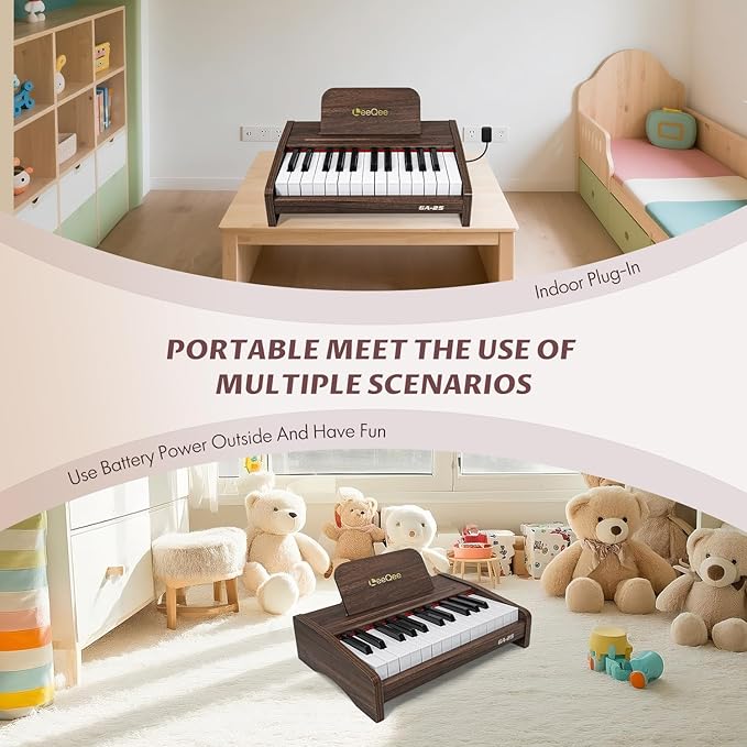 LeeQee 25-Key Wooden Electronic Piano Keyboard for Kids - Educational Music Toy with Realistic Sound, Dual Power Supply & Learning Accessories - Perfect Toddler Learning Gift