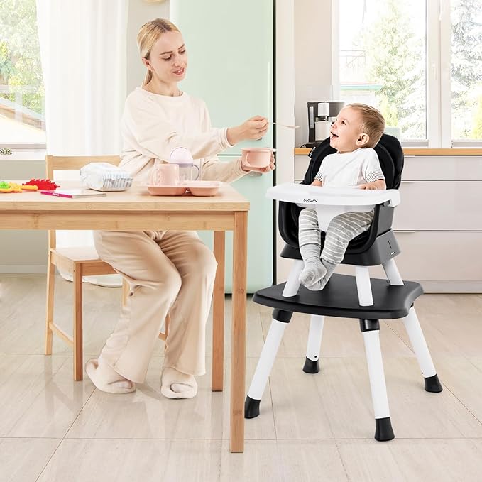 BABY JOY Baby High Chair, 8 in 1 Convertible Highchair for Babies & Toddlers | Booster Seat | Table and Chair Set | Building Block Table | Toddler Chair with Safety Harness, Removable Tray (Black)