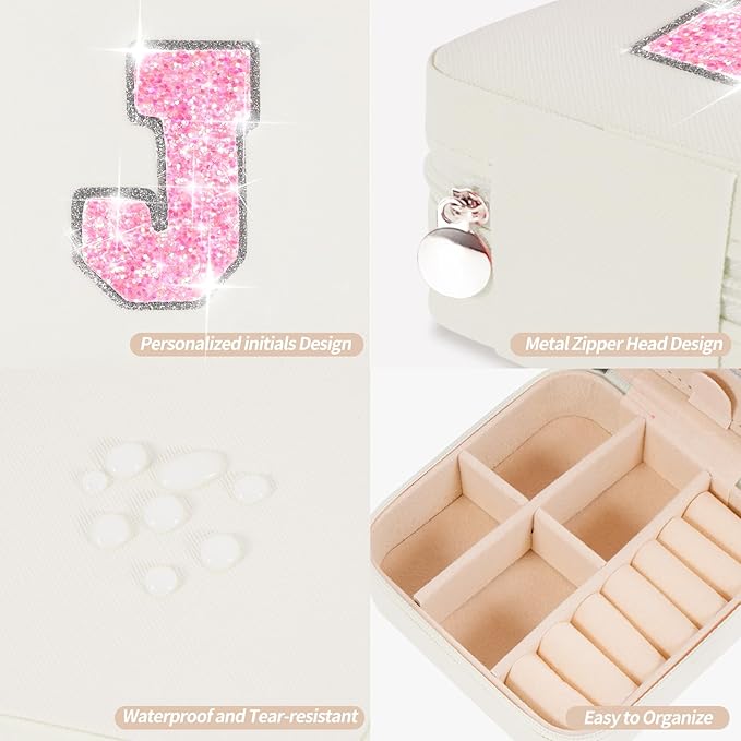Travel Jewelry Case - Personalized Jewelry Box for Women,Small Jewelry Organizer Cute Jewelry Organizers and Storage Aesthetic,Travel Essentials Birthday Gifts for Girls Women | Cream,J