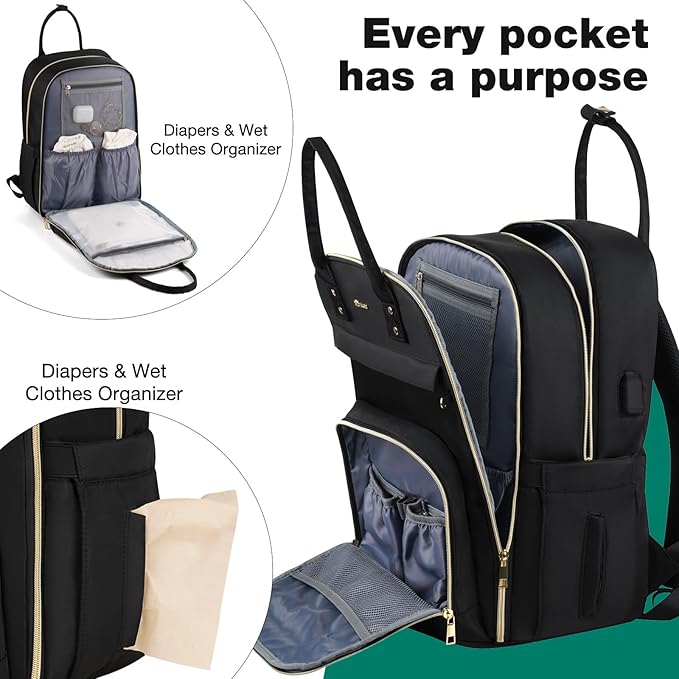 MOMUVO Diaper Bag Backpack, Quilted Baby Bag with Changing Pad and Stroller Straps, Dark Black