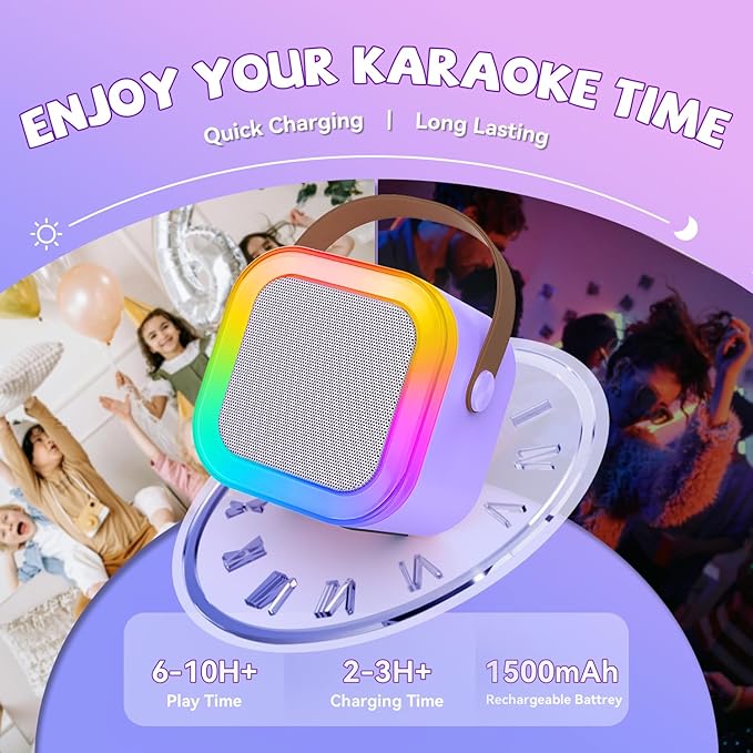 【2025 Newest】 Mini Karaoke Machine for Kids Girls & Boys - Portable Bluetooth Speaker with 2 Wireless Microphones - Kids Birthday Gifts for Ages 4-10 - Kids' Instrument Accessories - Purple