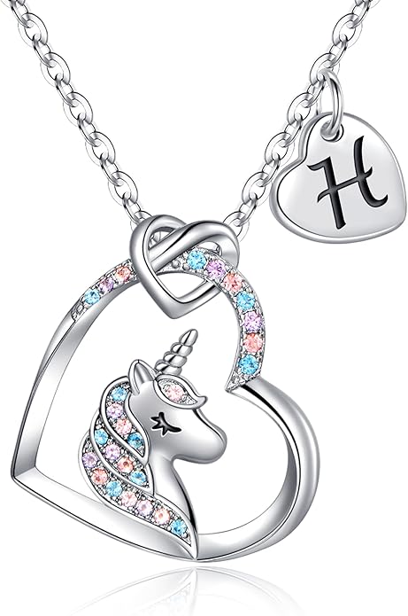 Hidepoo Unicorn Necklace Gifts for Girls - Colorful CZ Heart Pendant Initial Unicorns Necklaces for Teens Little Girls Jewelry Birthday Gift for Girl Daughter Granddaughter Niece