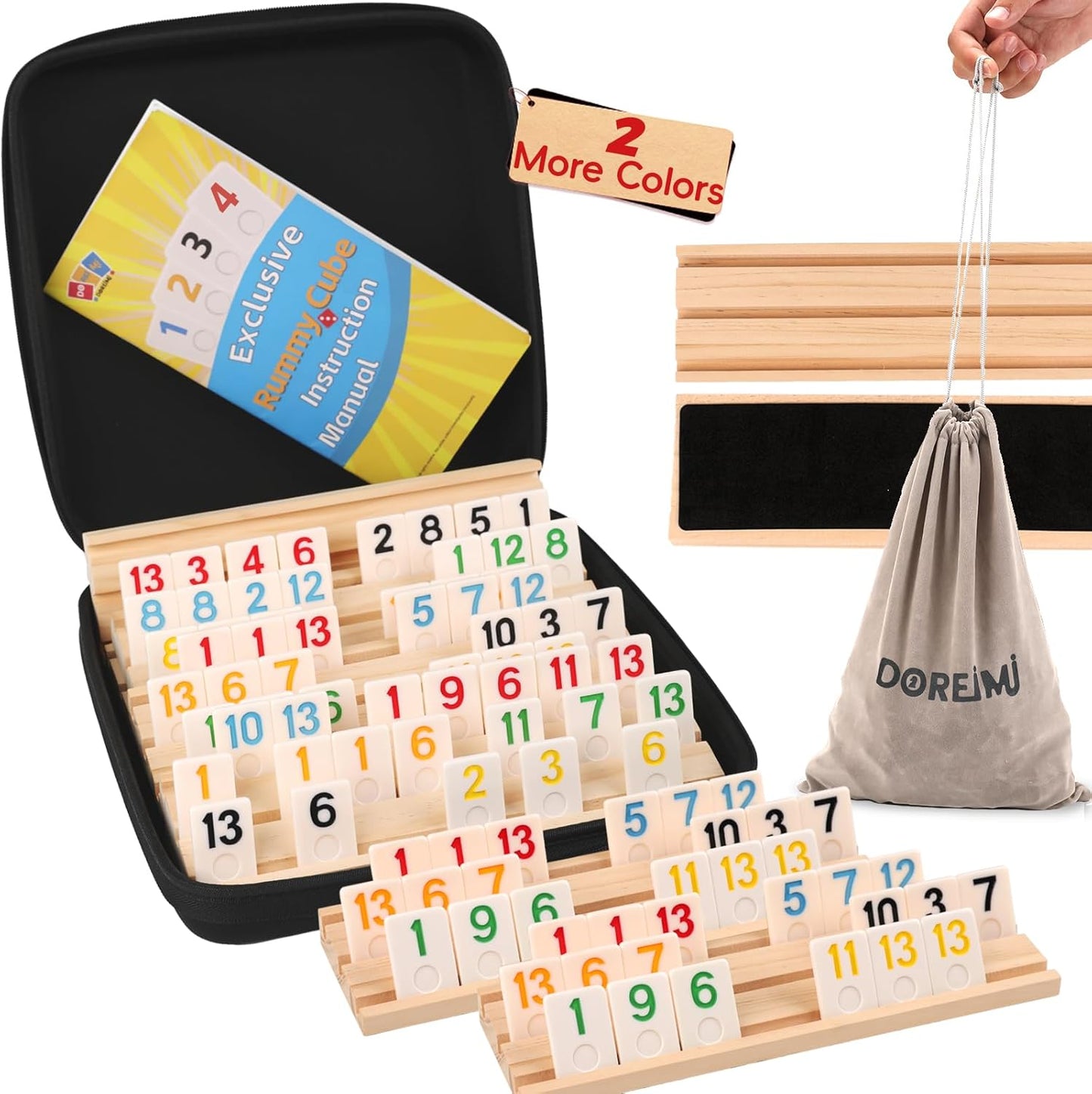 Deluxe Rummy Cube Game Set 6 Colors with 8 Wooden Racks 162 Rummy Tiles, Travel Family Board Game for Adults and Kids