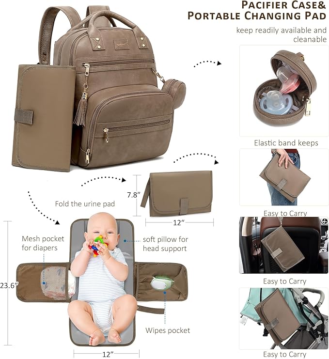 Premium Vegan Leather Diaper Bag Backpack with Waterproof Changing Pad, Reinforced Zippers & Odor-Free, 20 Pockets Pro Organizer, Fits 15.6" Laptop, Stroller Straps, Baby Bag for Mom, Taupe