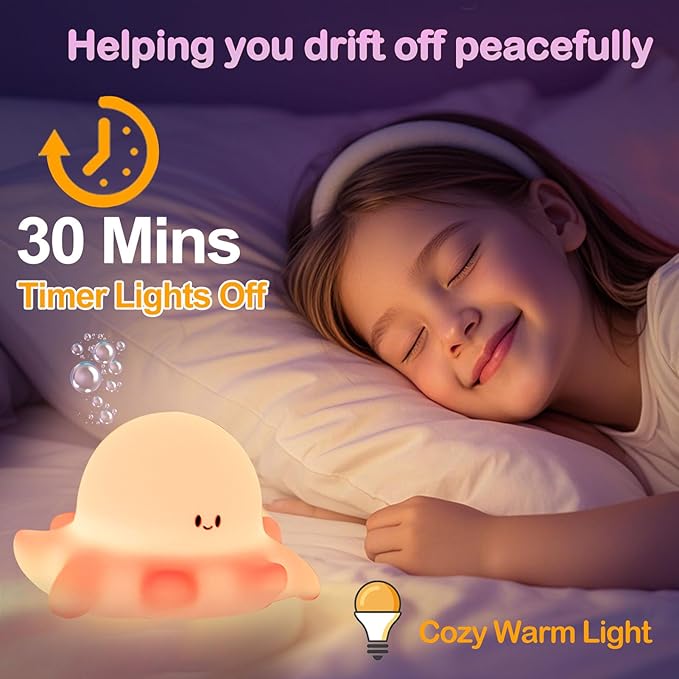 Kibbidea Touch Control Silicone Night Light for Kids, Rechargeable Octopus Nightlight with Timer, Eye Protection, Portable USB Baby Nightl lamp for Nursery, Bedroom