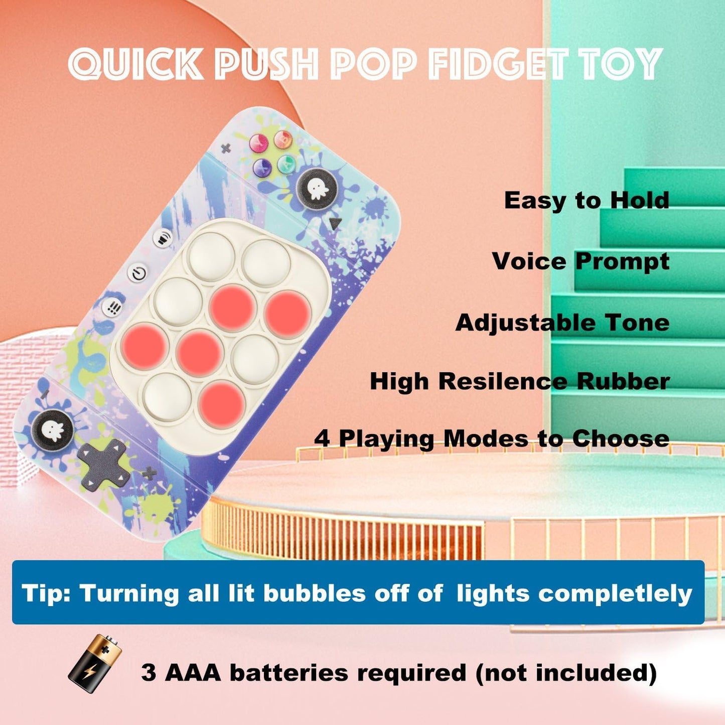 Quick Push Bubbles Pop Fidget Toy It Game, Fast Push Light Up Pop Interactive Sensory Toy, Fast Push Button Game for Kids Adult, Stress Relief Handheld Game Present Toy for 3 4 5 6 7 Year Boy Girl