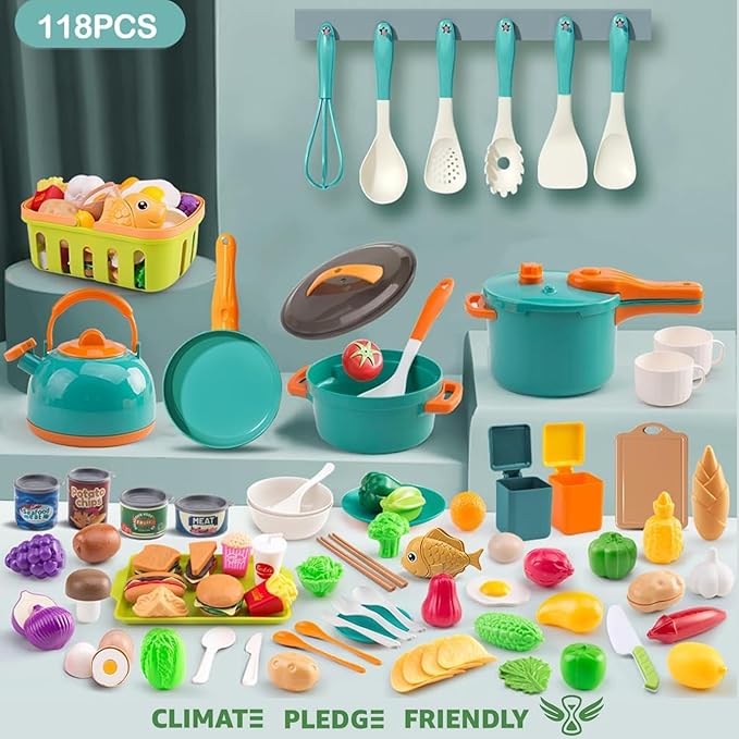 118Pcs Mini Play Kitchen Accessories for Kids, Pretend Cooking Playset with Cookware, Tableware & 2 Fruit Sets, Learning Gift for Girls, Boys, Toddlers, Green