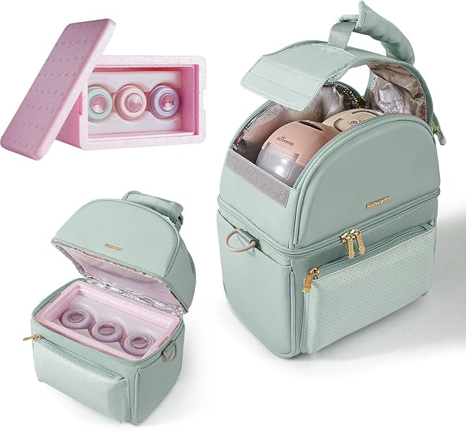 Sunveno Breastmilk Cooler Bag with 2 Ice Packs & Detachable EPP Insulation Box, 15-Hour Cold Retention Foil-Lined Leak-Proof Tote Fits 3 Baby Bottles for On-The-Go Pumping Moms, Daycare & Travel